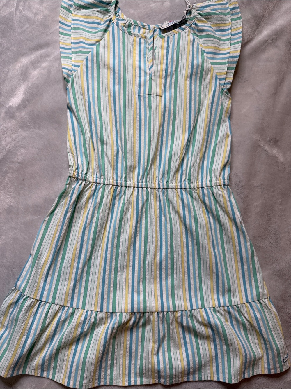 Vineyard Vines Girls' Striped Ruffle Sleeve Dress - Blue, Mint & Yellow